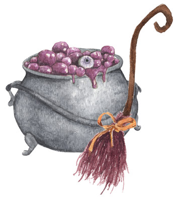 Witchcraft Shop selling Witchcraft Supplies and Gifts illustrated cauldron and broomsticks logo with bubbling pot and eyeball