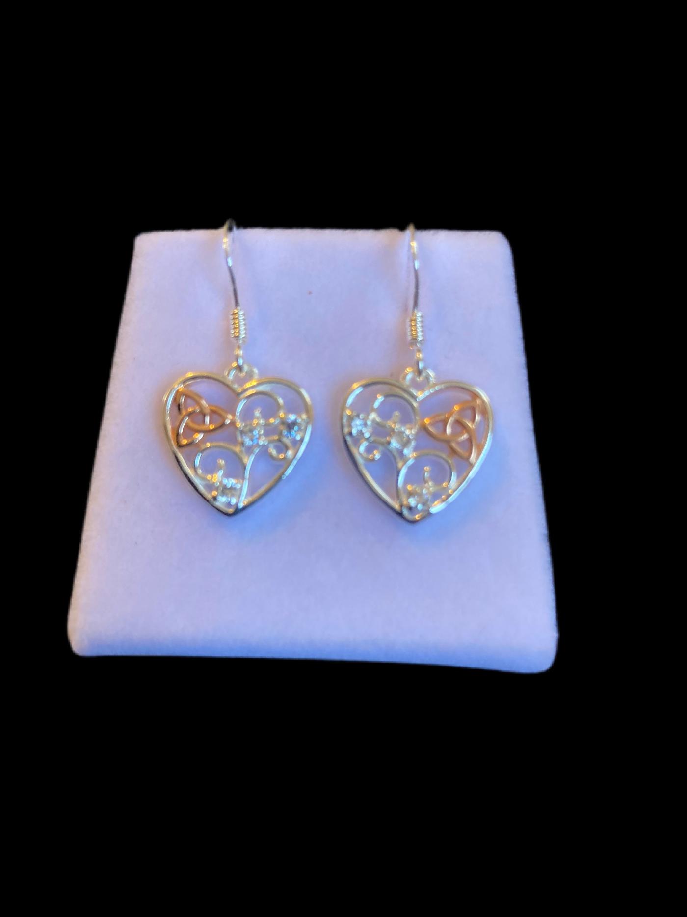 Silver Celtic Trinity Knot Filigree Heart Earrings