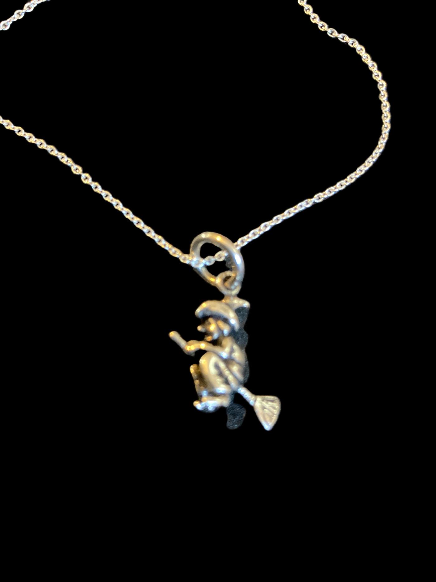 Sterling Silver Flying Witch Necklace